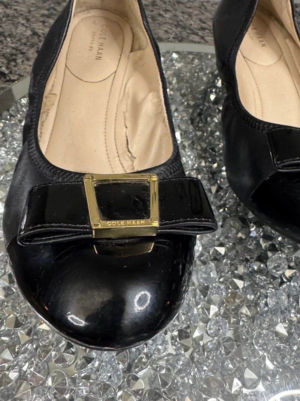 Cole Haan Black leather Wedge ballet Flats with Gold Bow Detail 9